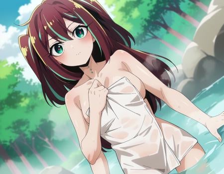 score_9, score_8_up, score_7_up, source_anime,matamaakoya, <lora:matama-akoya-ponyxl-lora-nochekaiser:1>matama akoya, long hair, brown hair, green eyes, multicolored hair, aqua eyes, two side up, streaked hair,nude, naked, outdoors, onsen, towel, naked towel, steam, bathing, nude cover, partially submerged, water, bath, steam censor, wet towel,looking at viewer, dutch angle, cowboy shot