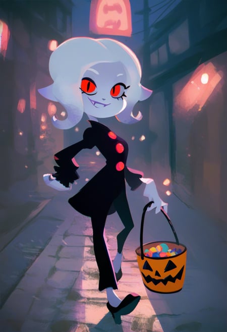 score_9, score_8_up, score_7_up, BREAK,1girl, octoling girl, solo, halloween, vampire costume, smile, night sky, pale skin, white hair, red eyes, residential street, purple tones, candy bucket, pants <lora:SplatoonXLLocon:1>