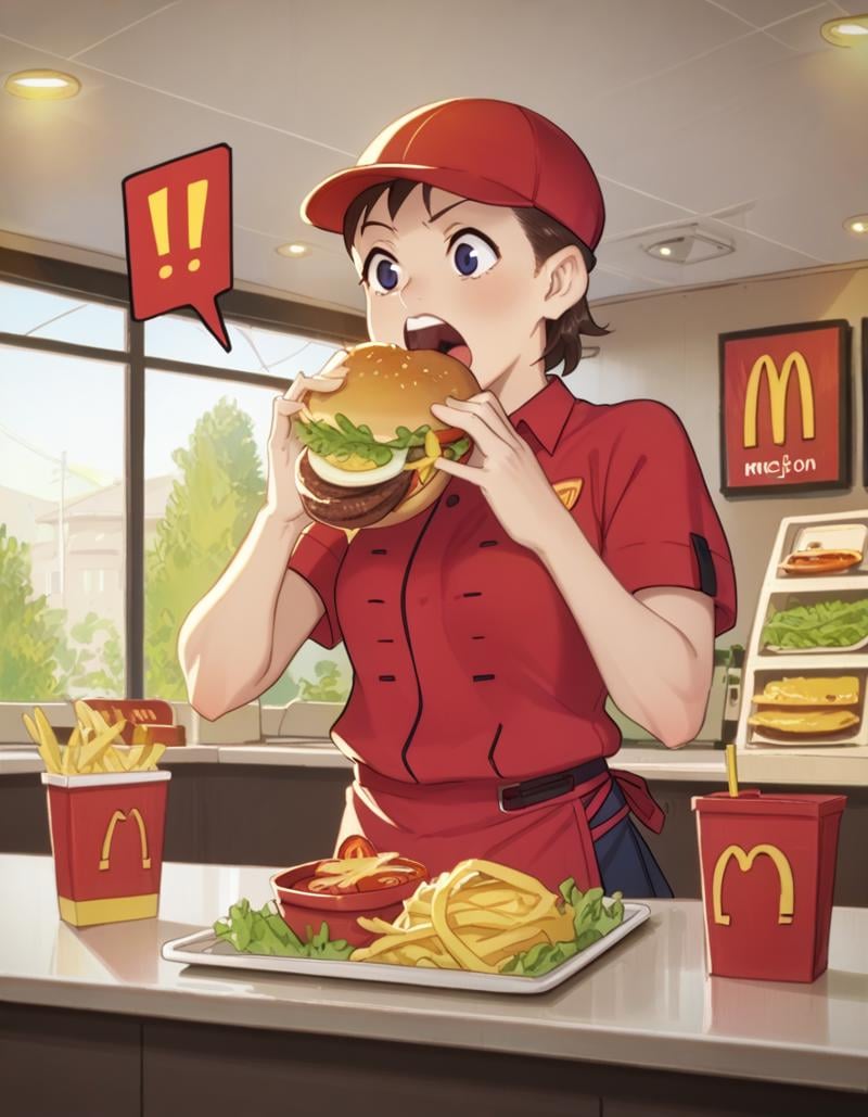 score_9,  score_8_up, score_7_up, source_anime, <lora:hibino-hoshino-ponyxl:0.8> 1girl, sumire, open mouth, hat, red shirt, polo shirt, waist apron, mcdonald's,<lora:Burger_Malfunction-PonyXL-1024px:0.8> spoken_exclamation_mark, eating, holding food, burger, burger_malfunction, tomato, cucumber, messym bacon, ketcup, mustard, salad, counter, indoors