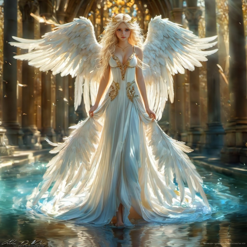 <lora:xltk:0.6>,white wings,1girl,wings,solo,blue eyes,dress,breasts,long hair,blonde hair,white dress,feathered wings,angel wings,angel,jewelry,looking at viewer,artist name,full body,standing,cleavage,blurry,necklace,watermark,small breasts,lips,barefoot,