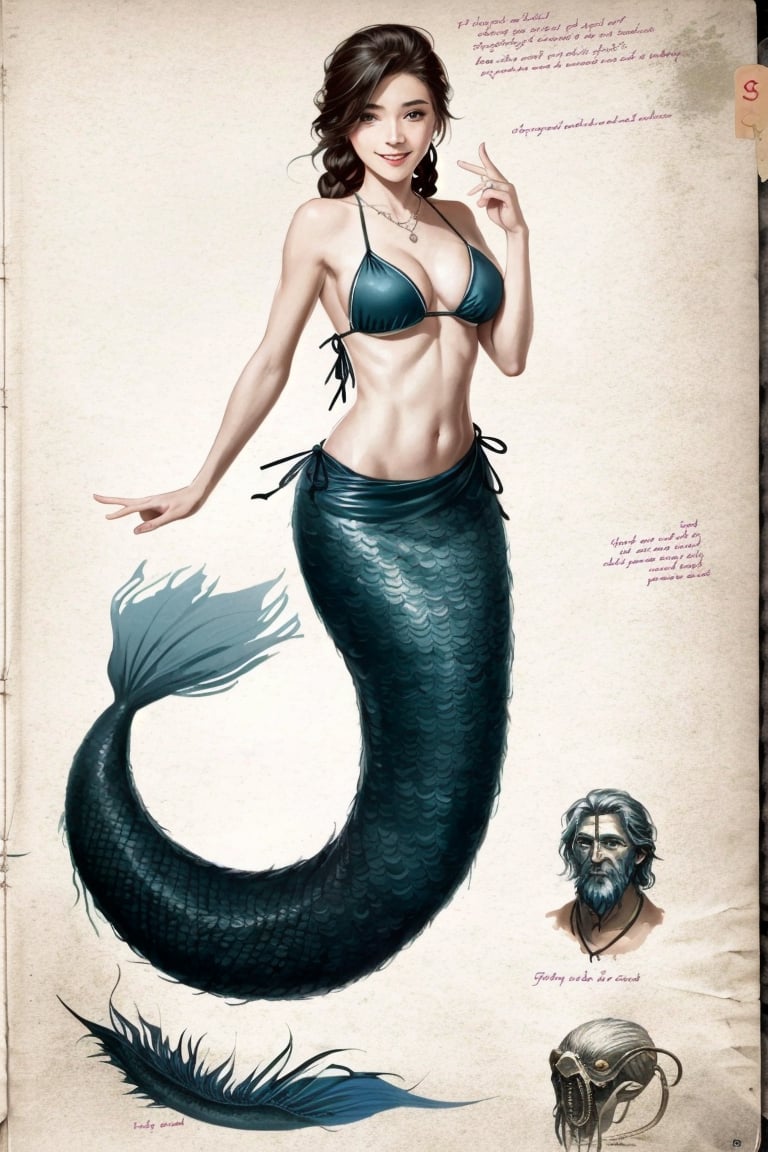 ((HRD, HUD, 8K)),((masterpiece, best quality)), highly detailed,Cthulhu, 1girl, solo, monster girl, mermaid, braid, long hair, smile, jewelry, necklace, swimsuit, bikini top only, breasts, full body, looking at viewer, ribbon, english text, concept art,﻿<lora:20240524-1716507997138:0.8>