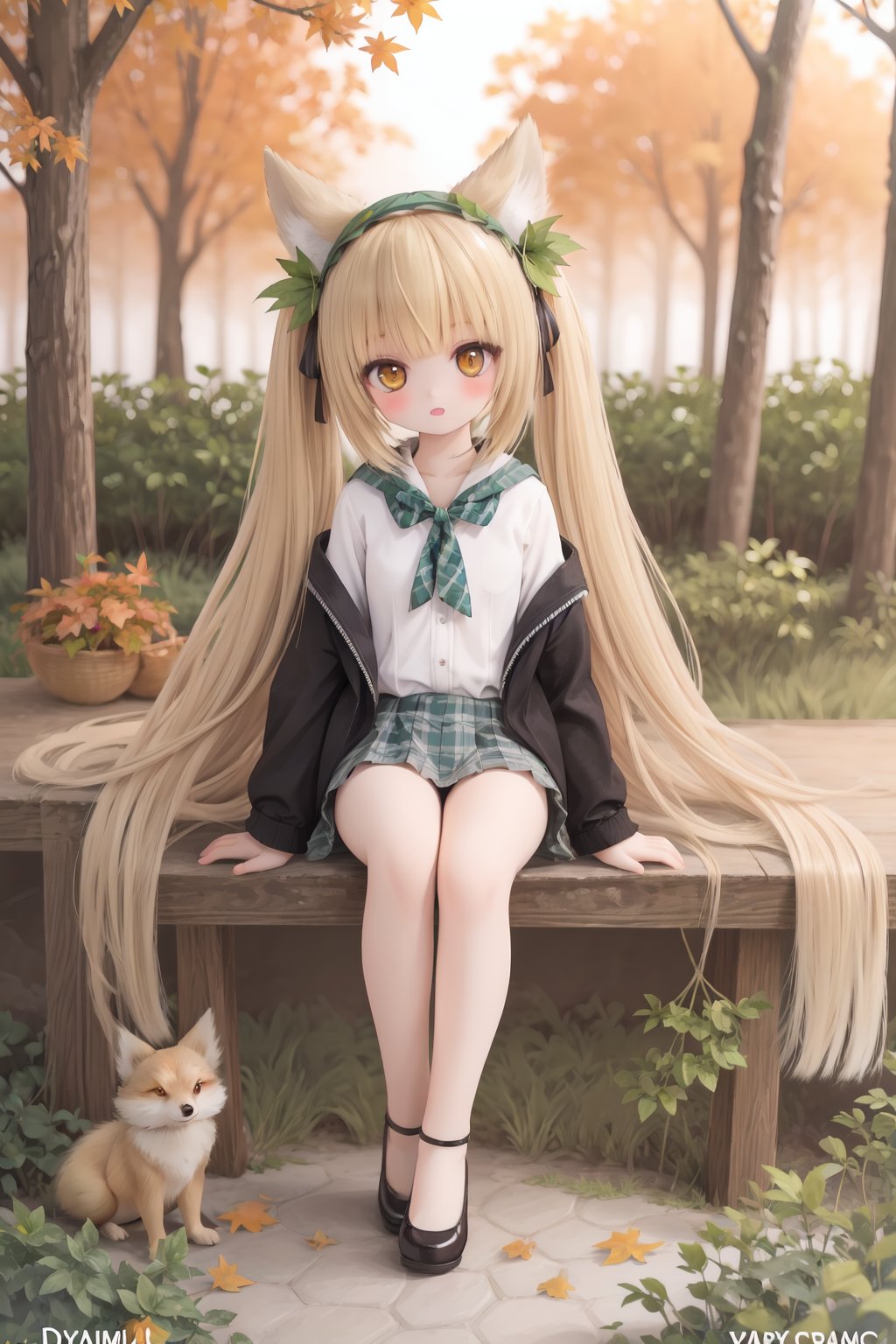 1girl, solo, looking at viewer, sitting, fox ears, full body, strappy heels,plaid shirt, short sleeves,jacket, bow, bangs, low ponytail, blonde hair fox tail, fox girl, kitsune, ((autumn, outdoors, day, forest, falling leaves, bird, leaf)), (fog, dyntall effect), (wide shot, panorama, full body, depth of field),(movie poster,english text),(Flagstone road,branches)<lora:doll-v1:0.5>,