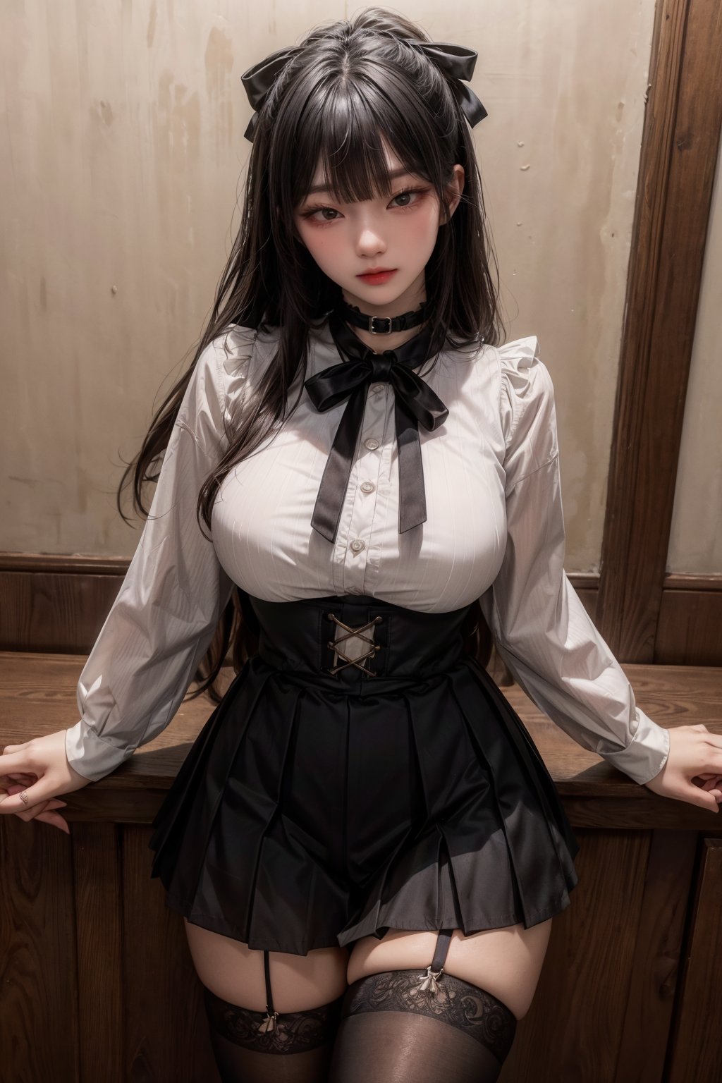 (best quality:1.3),ultra detailed,1girl,huge pelvis,(beautiful and aesthetic korean 25 years old),blunt bangs,hime cut,long hair,straight hair,sidelocks,frills,collar,ribbon,hair_ribbon,long_sleeves,black knee high socks,thighhighs,choker,cowboy_shot,<lora:GoodHands-beta2:1>,