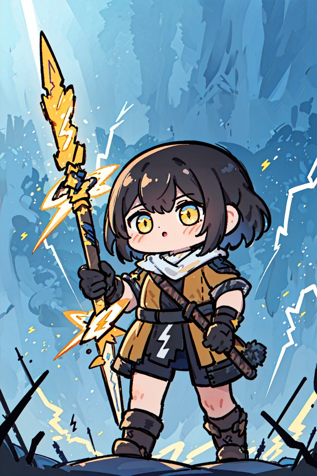 masterpiece,(bestquality),highly detailed,ultra-detailed,solo,(doubt:1.3),(1girl:1.1),cool,(detailed eyes),(short black hair:1.2),ashen one \(dark souls 3\),dark souls iii,(yellow lightning:1.5),(glowing lighting bolt spear in hand:1.6),(lighting spear throw:1.5),(Holding lightning in hand:1.3),{lightning:lighting spear:0.95},(energy spear:1.6),(lighting intricate:1.2),tiny spark lighting,(Surrounded by lighting:1.3),(Lightning glowing:1.2),(Bloom:1.1),rays straight line,Particle lightning,Lightning bolts,<lora:生草福娃:1>,