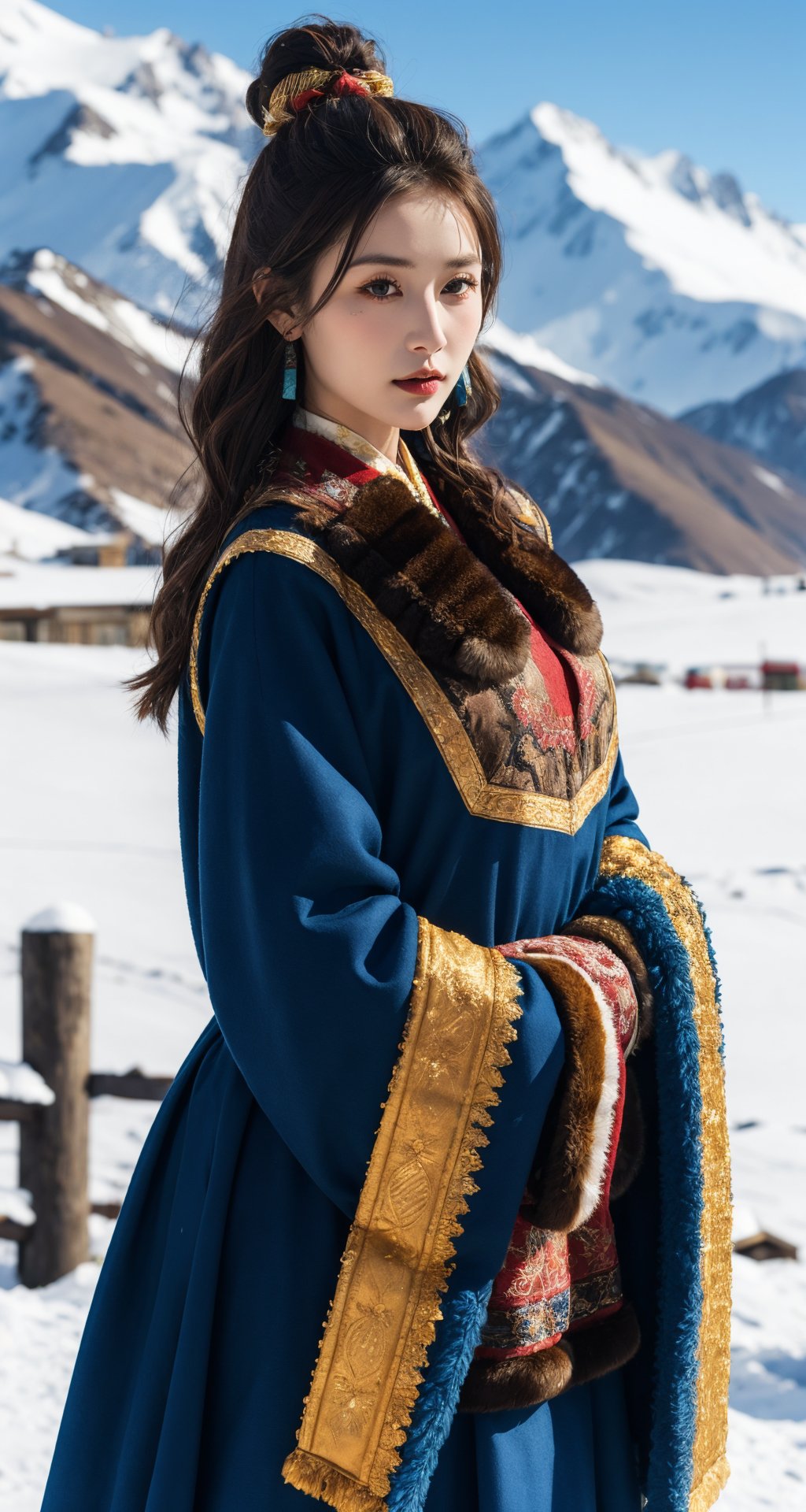 solo,1girl,(fur trim:1.2),look at the viewer,(traditional clothes:1.2),outdoors,sky,brown hair,cloud,long sleeves,blurry,fur clothes,blurry background,(wide sleeves:1.2),tibetan,red and blue clothes,portrait,bust,national costume,tibetan clothing,snow mountain,<lora:LH_ZF:0.5>,