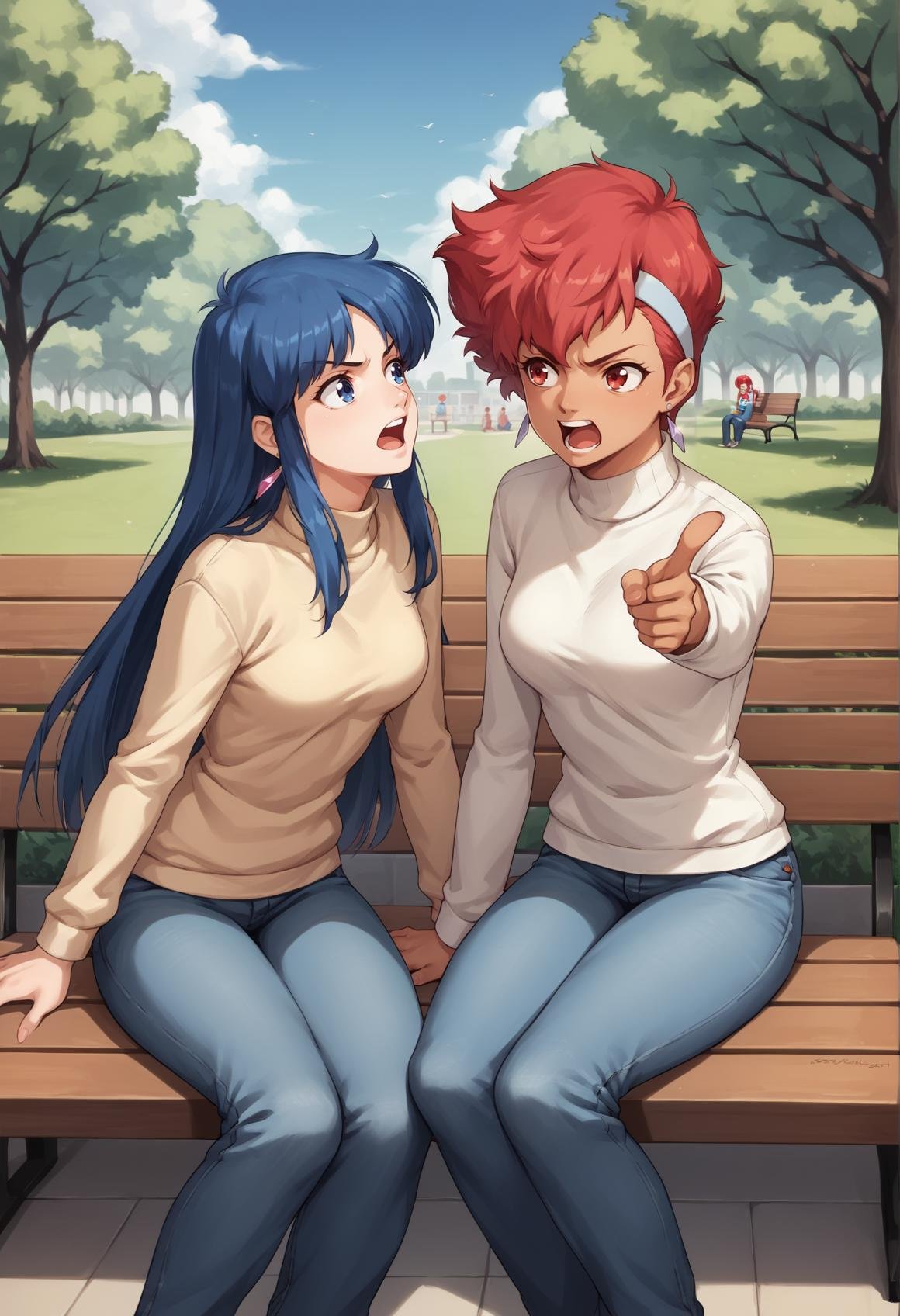 2girls, kei, dark skin, short hair, red hair, red eyes, hairband, earrings, jewelry, pale skin, long hair, blue hair, blue eyes, pointing at another, arguing, open mouth, sweater, jeans, outdoors, park, sitting, bench <lora:Dirty_Pair_XL:1>, score_9, score_8_up, score_7_up, score_6_up, score_5_up, score_4_up, BREAK source_anime, masterpiece