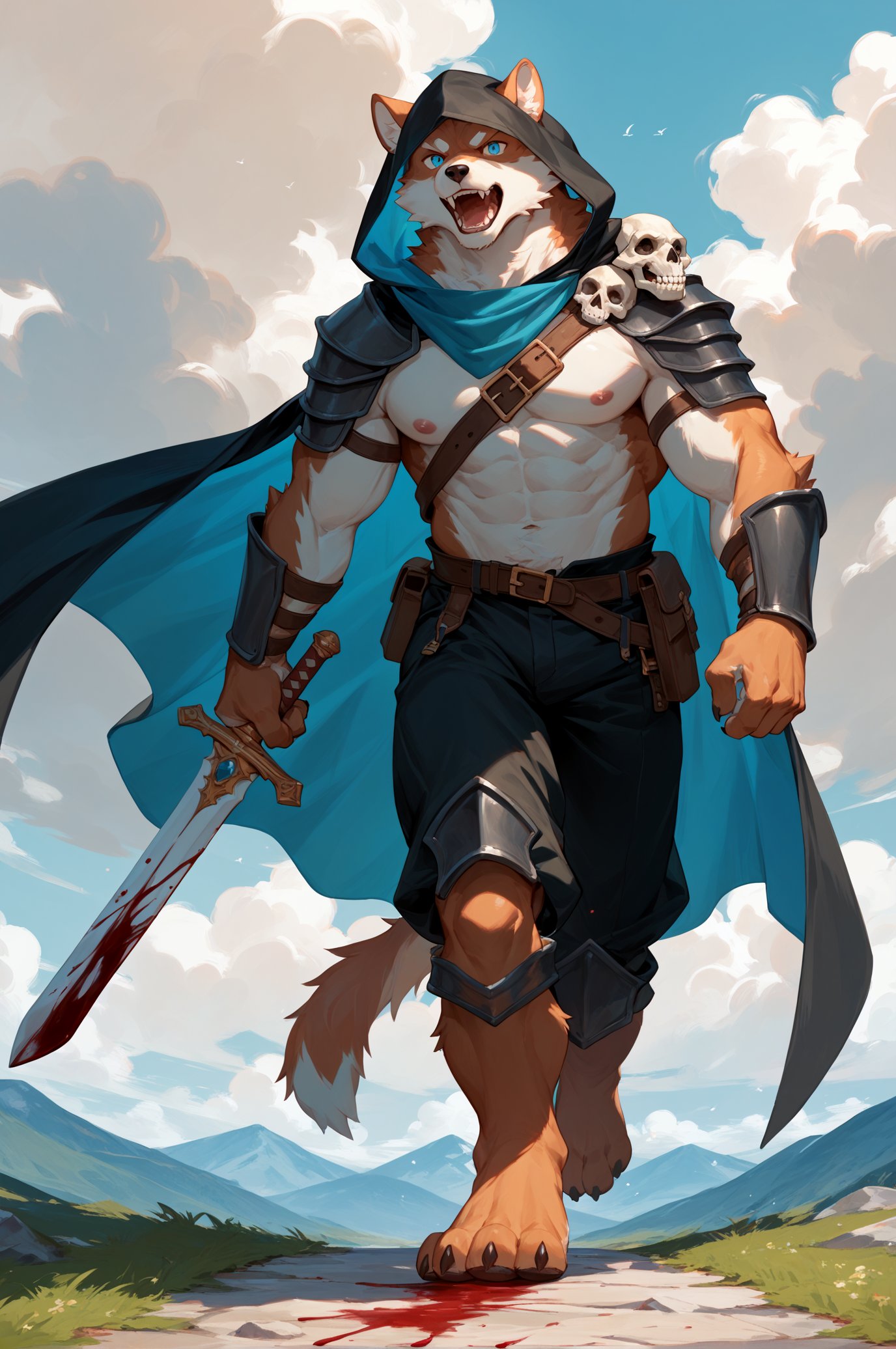 score_9,score_8_up,score_7_up,furry,kemono,high quality,full body,tail,furry,rating_explicit,embedding:zPDXL2 BREAK anthro male furry,solo,(8k landscape photography:1.2),skeletton knight,skull head,blue turquoise eyes,shiny eyes,dark background,from side,coming cloud of smoke,dark smoke,walking,open mouth,dark armor,blood stains,painting,side view,holding one sword,black hood,shout,roar,cape,full body,