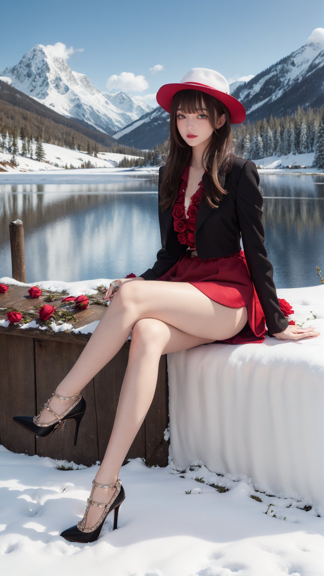 tutututu,high heels,masterpiece,best quality,winter,snow field,1girl,bangs,blue eyes,blunt bangs,brown hair,fruit,full body,hat,long hair,looking at viewer,red flower,red rose,rose,sitting,solo,sky,sun,mountain,forest,lake,<lora:merged_0020:0.9>,