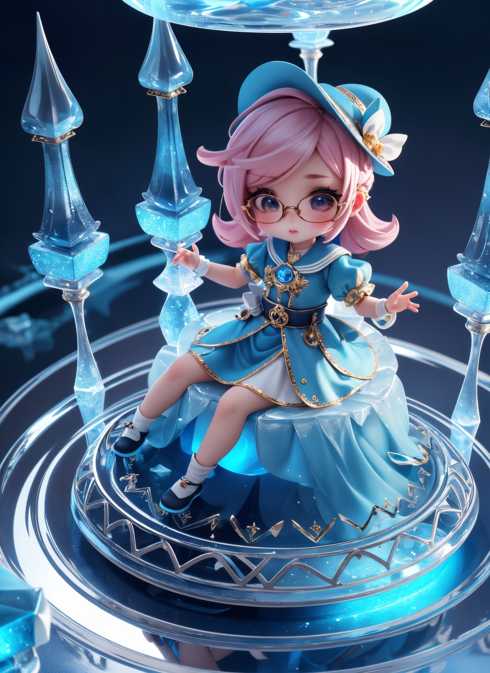 high quality,8K,a girl,in glasses,hat,blender,3d model,the whole body,sit,beautiful detailed glow,(detailed ice),beautiful detailed water,beautiful detailed glow,detailed ice,beautiful detailed water,(magic circle:1.2),(floating palaces:1.3),(kawaii,chibi:1.3),