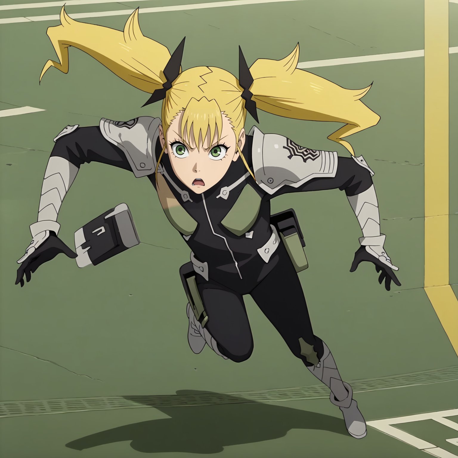 <lora:KikoruShinomiyaXLpony002>,solo,KikoruShinomiya,1girl,blonde hair,twintails,green eyes,black bodysuit,shoulder armor,gauntlets,boots,full body,running,