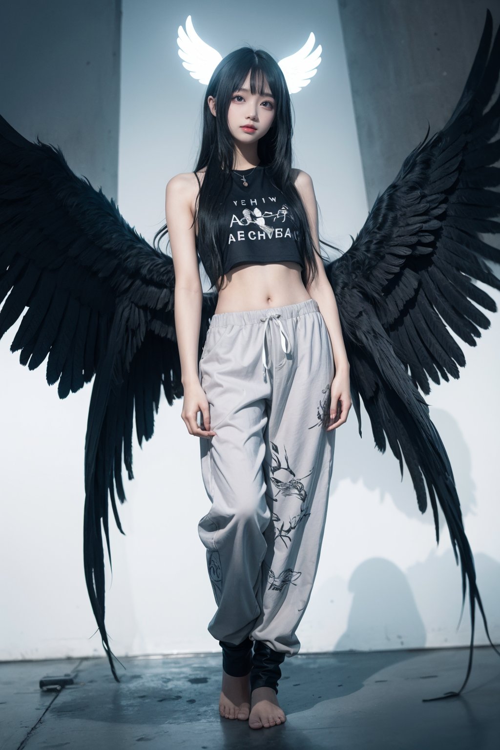 long hair,wings,solo,white hair,barefoot,black wings,1girl,looking at viewer,pants,feathered wings,multiple wings,halo,full body,very long hair,, cos,