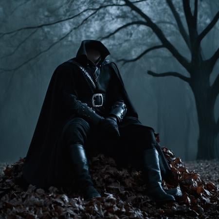 cinematic film still of  <lora:Headless Horseman v3:0.9>Decapitated Headless Horseman a Headless man in a gothic black cloak sitting on a pile of leaves in the dark,solo,1boy,sitting,weapon,male focus,outdoors,armor,tree,helmet,1other,dark,detailed,real,different,unique,cinematic,dramatic,concept art,filmic,horror style, shallow depth of field, vignette, highly detailed, high budget, bokeh, cinemascope, moody, epic, gorgeous, film grain, grainy