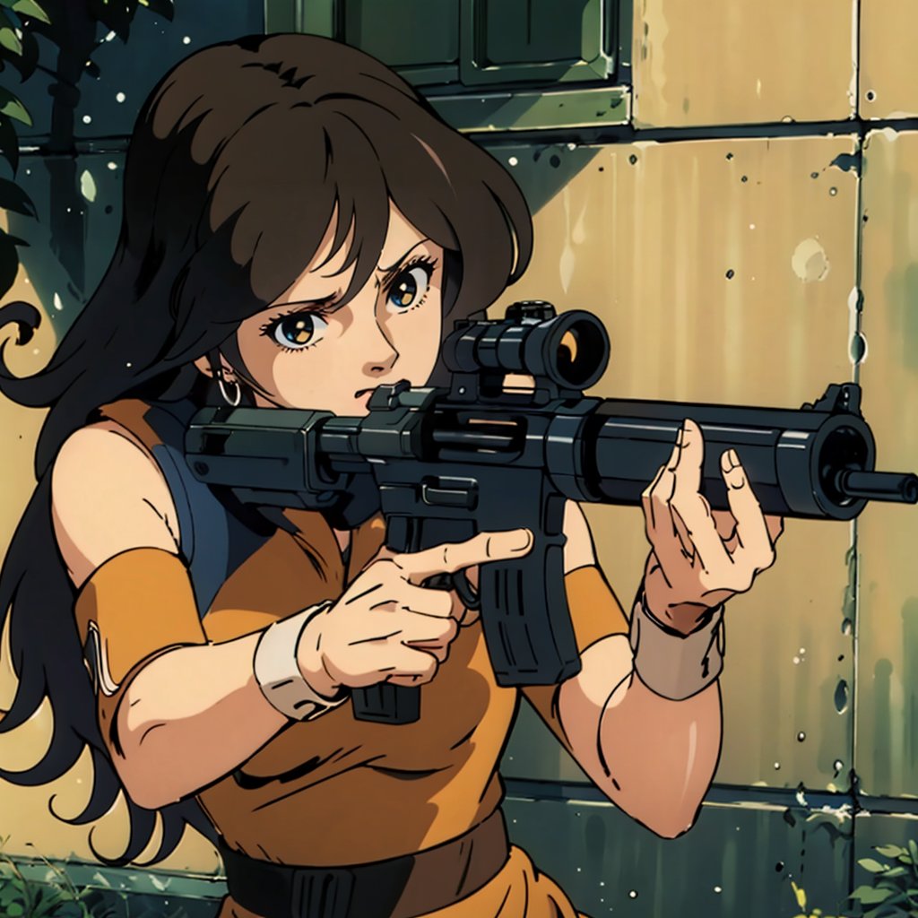 masterpiece,high quality,<lora:holdingweapon001:0.6>,holding rifle,aiming,omachi,<lora:omachiV1.5:0.7>,long hair,yellow sleeveless outfit,looking at viewer,outdoors, 