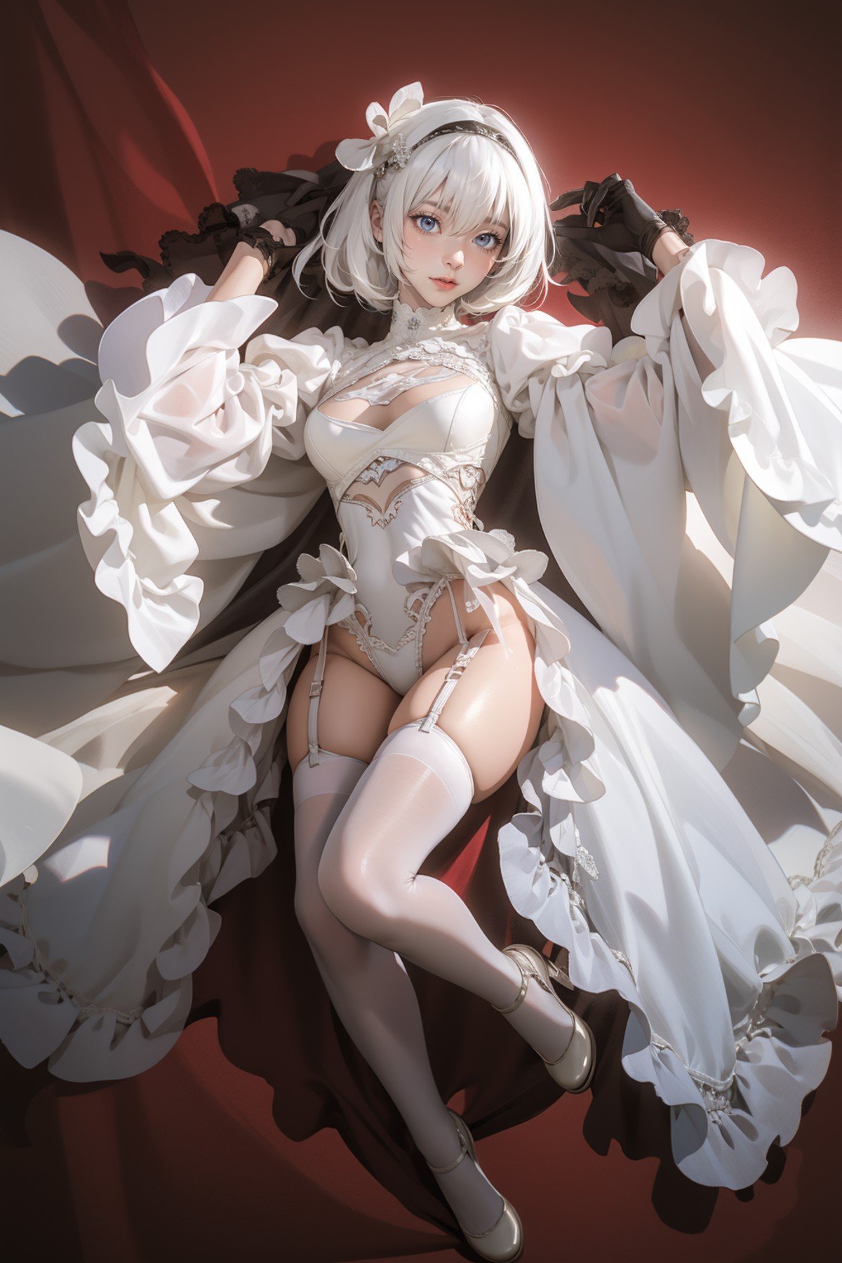 1girl,solo,red background,,ruanyi0618,bridal veil,frills,frilled sleeves,long sleeves,white leotard,white thighhighs,wide sleeves,see-through,veil,garter belt,clothing cutout,lying,full body,from above,<lora:0618 2B white wedding dress_v1:1>, best quality,masterpiece,highres,official art,extremely detailed cg unity 8k wallpaper