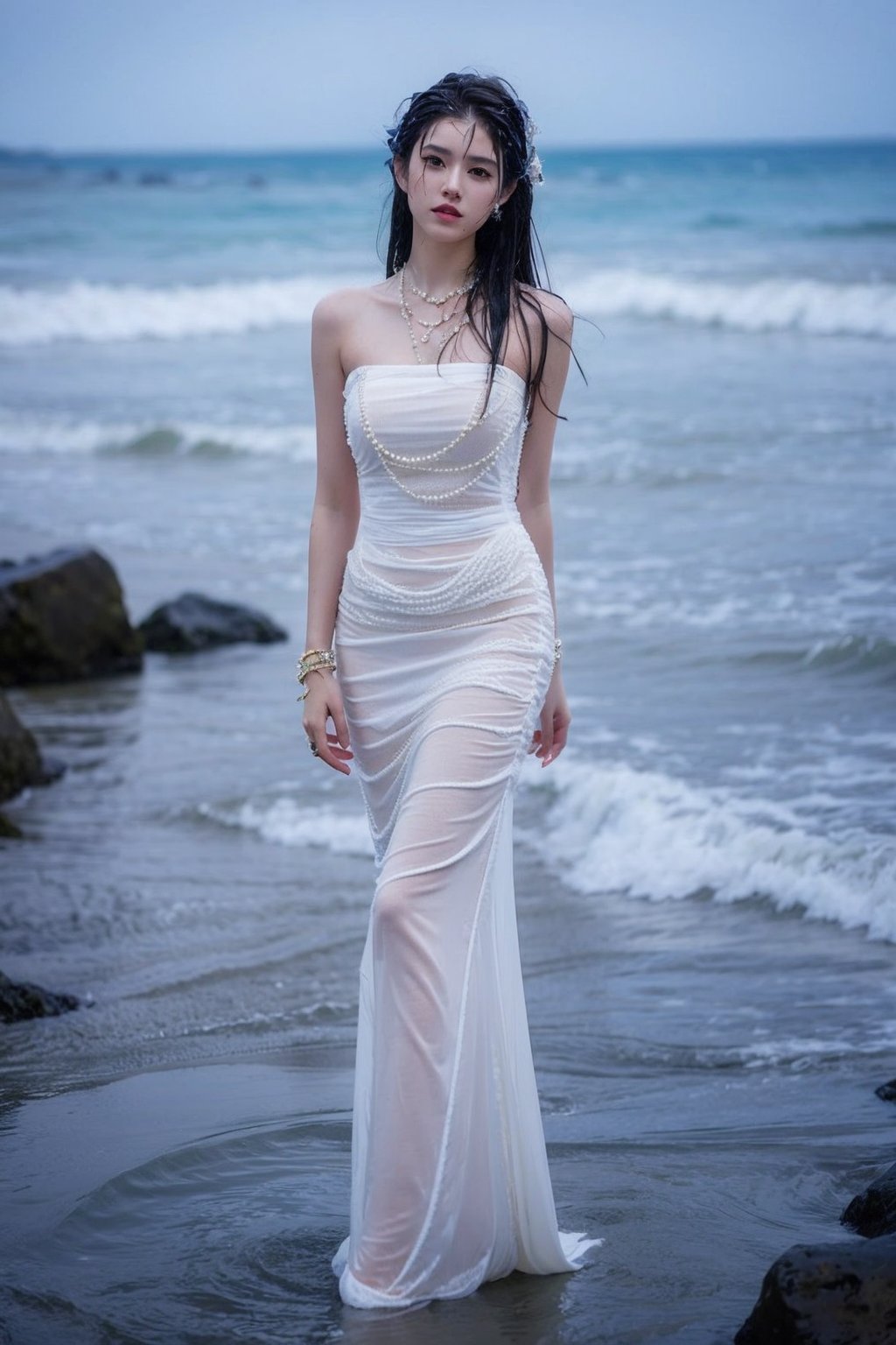 1girl,black hair,dress,jewelry,long hair,looking at viewer,necklace,ocean,sleeveless dress,solo,strapless,upper body,wet,white dress,big breasts,