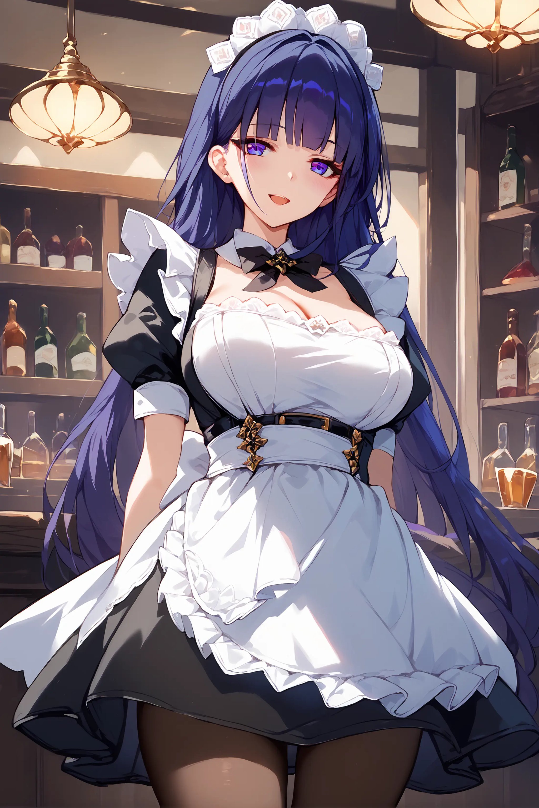 score_9, score_8_up, score_7_up, 1girl, raiden mei, solo, maid, maid headdress, maid apron, light smile, pantyhose, open mouth, blush, parted lips, looking at viewer, cowboy shot, bar \(place\), indoors, depth of field  <lora:Char-Honkai-RaidenMei-V1-Pony:1>