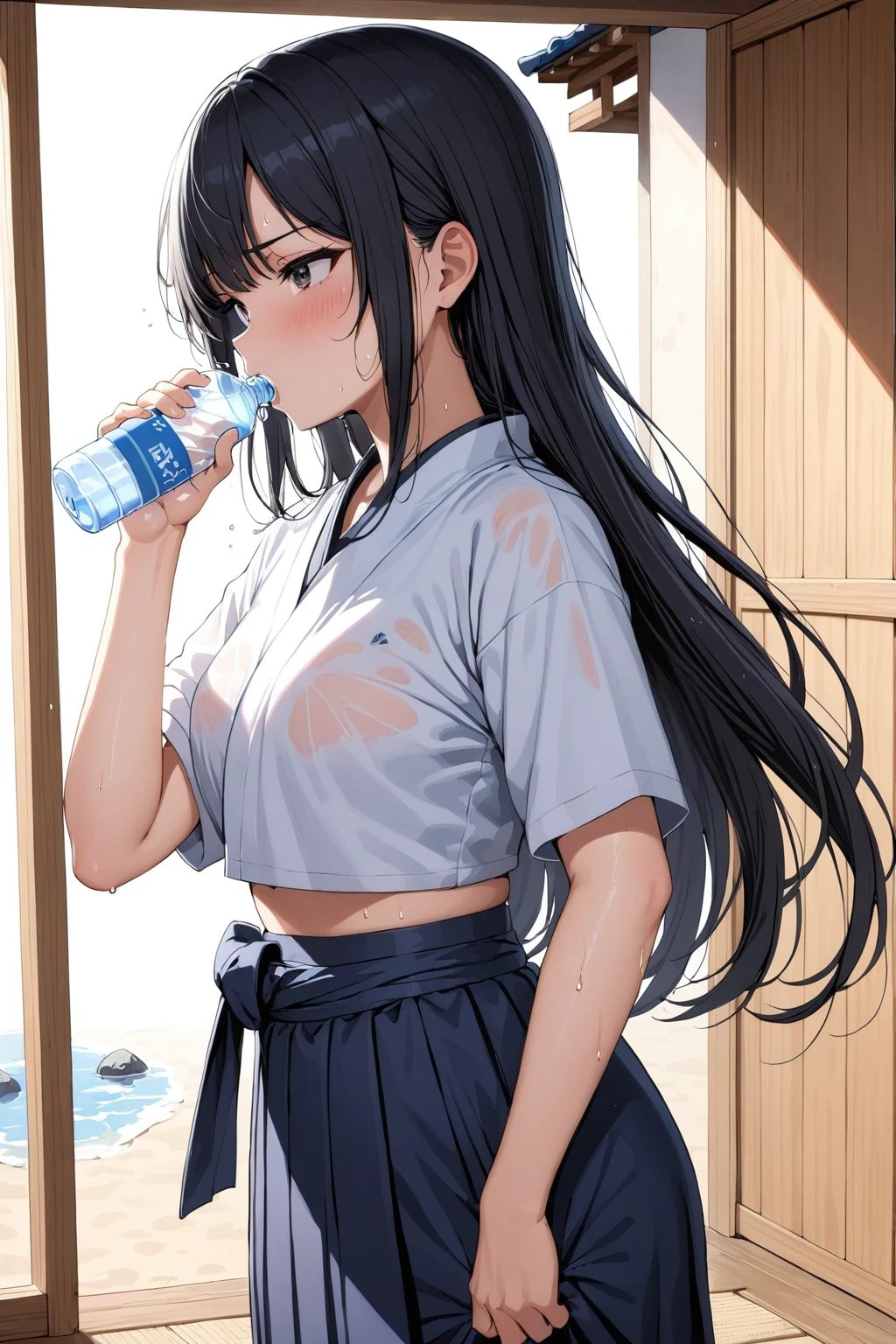 1girl, solo, black hair, long hair, hakama, holding water bottle, drinking, sweat, masterpiece, best quality,