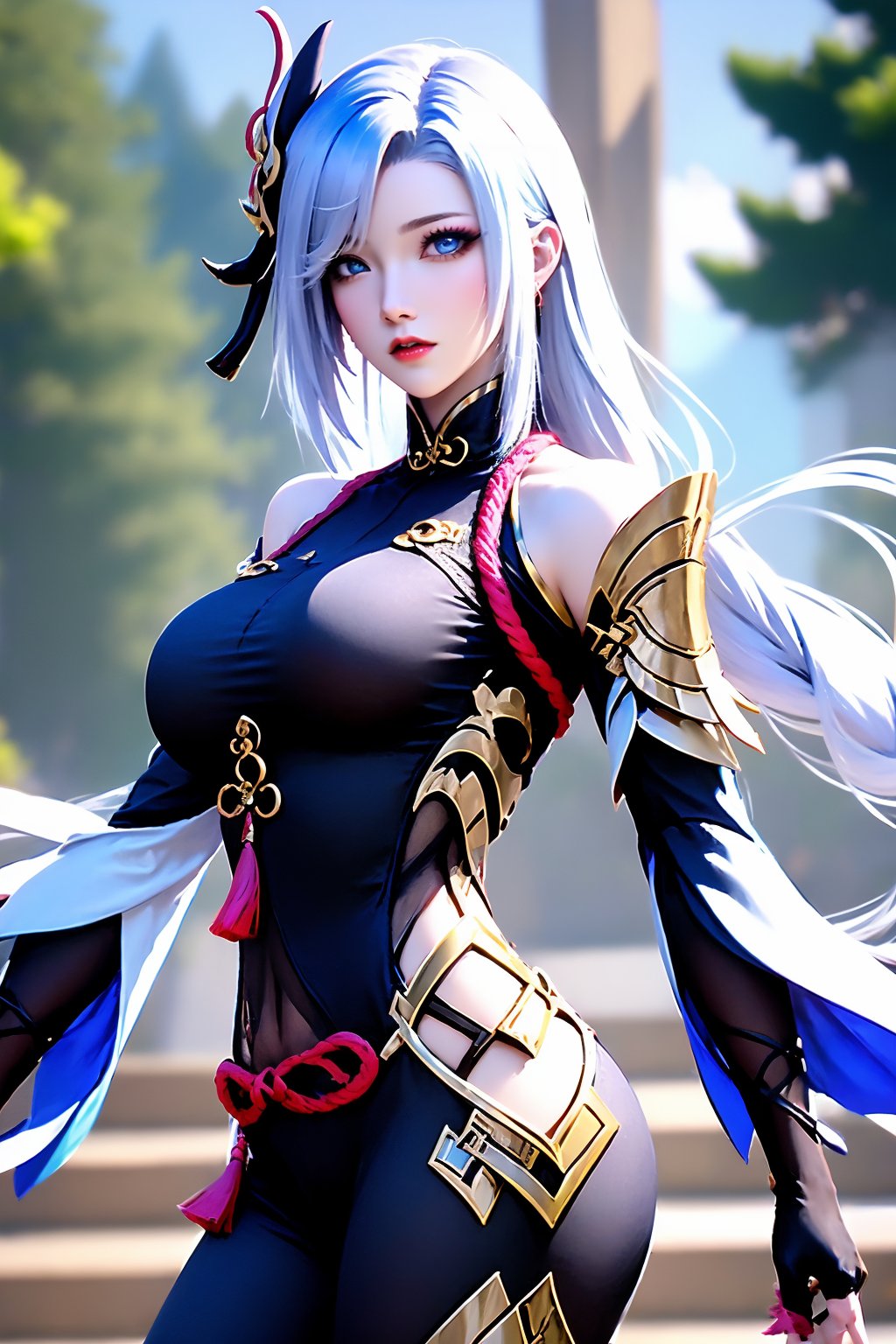 1girl, solo, shenhe \(genshin impact\), long hair, braid, hair ornament, shoulder cutout, white hair, looking at viewer, bodysuit, breasts, tassel, jewelry, very long hair, blurry, earrings, braided ponytail, clothing cutout, tassel earrings, black gloves, lips, thigh cutout, gold trim, blue eyes, black bodysuit, parted lips, side cutout, red lips, fingerless gloves, partially fingerless gloves, bare shoulders, elbow gloves, makeup, day, large breasts, detached sleeves, puffy sleeves, thighs, tabard, grey hair, sky, long sleeves,
