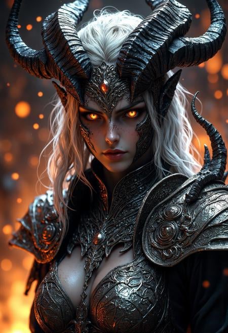 Cinematic full body shot of an otherworldly female demon with horns, glowing eyes and dark grey skin covered in black thorny vines wearing ornate silver armor in the style of fantasy art. Cinematic lighting with orange sparks and embers floating in the background create a fiery scene with high contrast, hkevil, mythp0rt, amazing quality