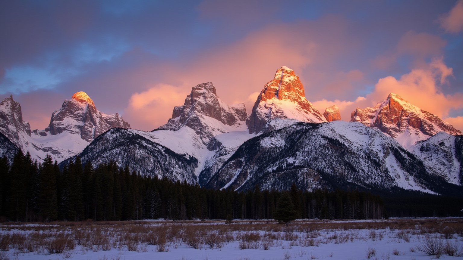 This is a high-resolution photograph capturing a stunning winter landscape of the Teton Range in Wyoming, USA. The image is taken during sunrise, with the sun casting a warm, golden light that illuminates the snow-covered mountains. The jagged peaks of the Teton Range, including the iconic Grand Teton, dominate the background. The snow-capped mountains display a mix of light and dark shadows, accentuating their rugged texture and the depth of the valleys.In the midground, a dense forest of evergreen trees is visible, their dark green needles contrasting sharply with the white snow. The forest stretches across the lower portion of the image, extending towards the foreground where patches of snow are interspersed with grassy areas.The sky is a dramatic mix of colors, with deep blues and purples transitioning to oranges and yellows near the horizon. Wispy clouds are scattered, reflecting the light from the rising sun.The overall composition of the photograph is balanced, with the mountains forming a dramatic backdrop, the forest providing a natural border, and the foreground offering a sense of depth and scale. The image captures the serene beauty of winter in the mountains, with a mix of natural elements and the awe-inspiring grandeur of the Teton Range.<lora:flux_realism_lora:0.8>  <lora:us_national_parks_lora_flux_v1:1>