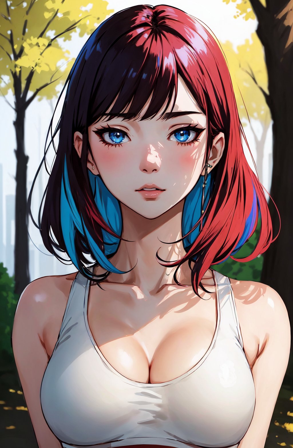 anime absurdres illustration, drawing, (lineart:0.6), stunning intricate full color portrait, epic character composition, by ilya kuvshinov, alessio albi, nina masic, sharp focus, natural lighting, subsurface scattering, f2, 35mm, film grain, cleavage, sports bra, detailed face, colorful clothing, park, sky, trees