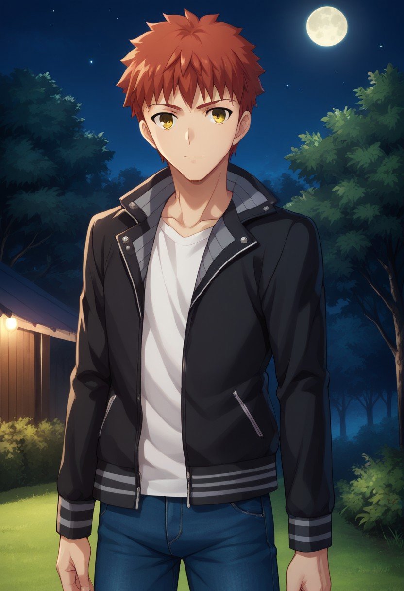 score_9, score_8_up, score_7_up, source_anime, highly detailed, shirouemiya, 1boy, male focus, solo, upper body, pants, jeans, jacket, black jacket,  denim, shirt,tachi-e, looking at viewer, red hair, yellow eyes, white shirt, blue pants,outdoor, trees, night, moon,