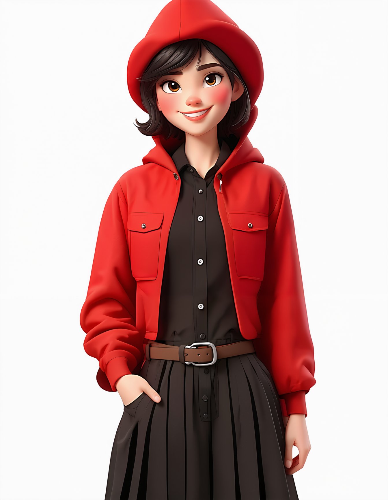 1girl, looking at viewer, smile, short hair, simple background, shirt, skirt, brown hair, black hair, long sleeves, white background, 1boy, closed mouth, brown eyes, standing, cowboy shot, pleated skirt, collared shirt, pants, belt, hood, black shirt, black pants, red skirt, holding hands, transparent background, red shirt, buckle, hood up, hand in pocket, belt buckle, shirt tucked in, red capelet, red hood