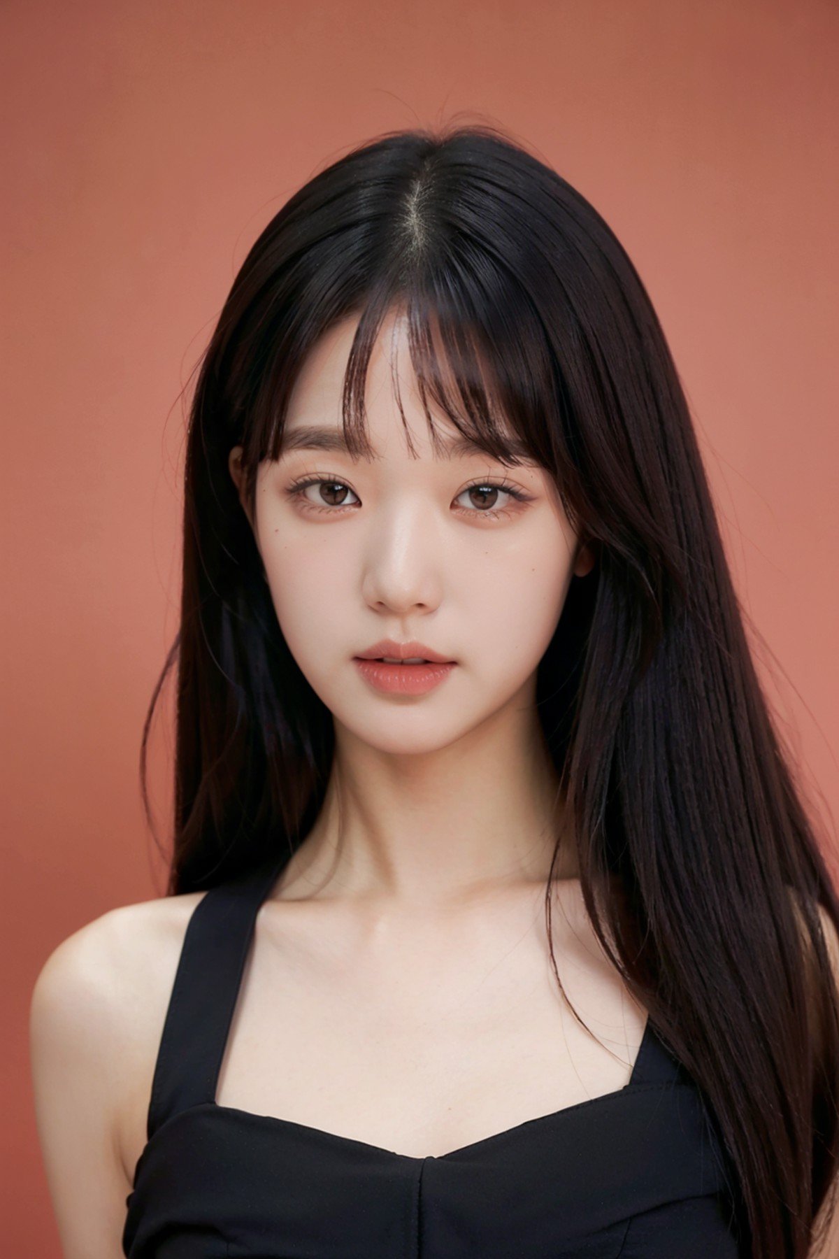 nikon RAW photo,8 k,Fujifilm XT3,masterpiece,best quality,1girl,solo,realistic,photorealistic,ultra detailed,looking to the viewer,upper body,long hair,blunt bangs,straight hair,standing,(black dress:1.2),simple background,red background,(closeup),<lora:wonyoung-v2-01:0.7>,wonyoung,