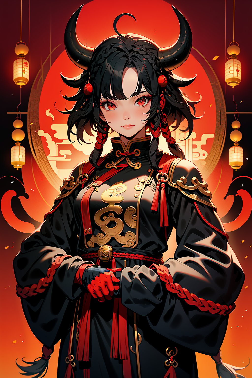 1girl,horns,black hair,looking at viewer,red eyes,long sleeves,lantern,long hair,chinese zodiac,braid,red background,egasumi,bangs,wide sleeves,tassel,cowboy shot,bell,black gloves,gloves,twin braids,hair ornament,sleeves past wrists,cow,zodiac,Dark,masterpiece,best,<lora:暗黑十二生肖_Zodiac:0.8>,