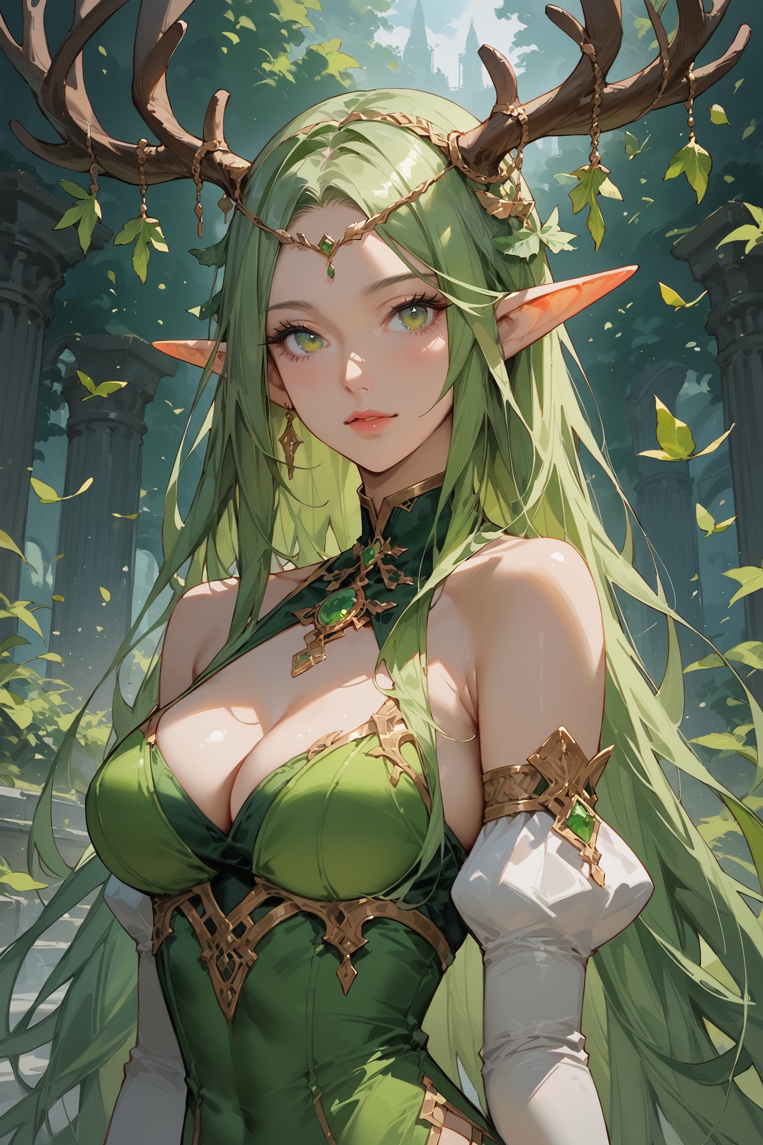 score_9, score_8_up, score_7_up, masterpiece, best quality, absurdres, very aesthetic, source_anime, detailed illustration, 8K UHD, upper body, 1girl, solo, looking at viewer, long hair, medium breasts, cleavage, bare shoulders, green eyes, detached sleeves, green hair, pointy ears, leaf, elf, green dress, antlers