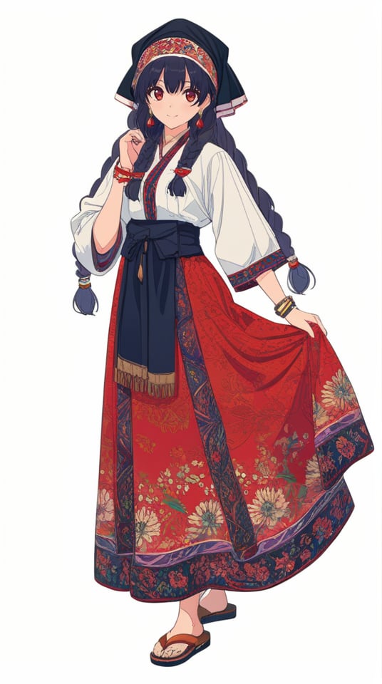 (best quality), ((masterpiece)), (highres), illustration, original, extremely detailed,  <lora:城静时光茶香美:0.7>1girl, solo, long hair, braid, red eyes, black hair, sandals, head scarf, traditional clothes, dress, white background, jewelry, twin braids, earrings, full body, simple background, looking at viewer, smile, floral print