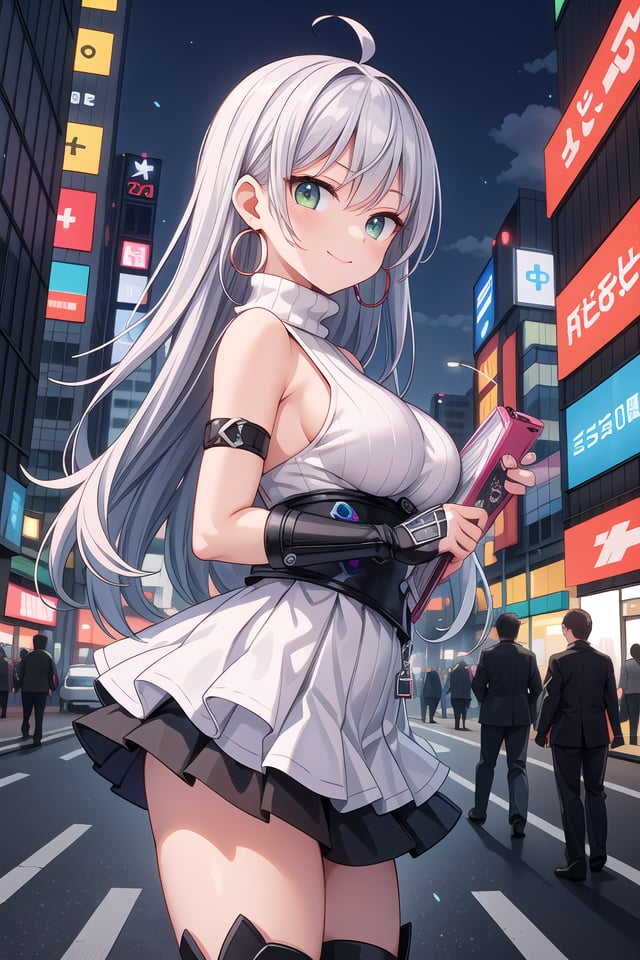 insanely detailed, absurdres, ultra-highres, ultra-detailed, best quality,1girl, solo, nice hands, perfect handsBREAK(Cyberpunk theme:1.2), ((wear an oversized white turtleneck with holographic circuit pattern) paired with (black A-line layered skirt):1.2), (black thigh-high boots:1.2)BREAK(silver accessories:1.2), (silver hoop earrings:1.2), (silver ankle bracelet:1.2)BREAKhappy smile, laugh, closed mouthBREAKfrom side,standing, cowboy shot, looking at viewerBREAKslender, kawaii, perfect symmetrical face, ultra cute girl, ultra cute face, ultra detailed eyes, ultra detailed hair, ultra cute, ultra beautifulBREAKshibuya, akihabara, tokyo, street, crowd, cityscape, depth of field, ultra detailed backgroundBREAKlarge breastsBREAKpink hair, dark green eyes, afro,