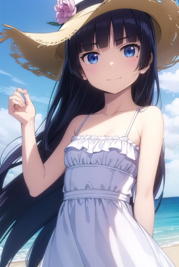 rurigokou, <lora:ruri gokou s2-lora-nochekaiser:1>,ruri gokou, long hair, black hair, dress, pantyhose, mole, mole under eye, hime cut, smile,BREAK blue eyes, hat, dress, white dress, sun hat, sundress,BREAK outdoors, beach,BREAK looking at viewer, (cowboy shot:1.5),BREAK <lyco:GoodHands-beta2:1>, (masterpiece:1.2), best quality, high resolution, unity 8k wallpaper, (illustration:0.8), (beautiful detailed eyes:1.6), extremely detailed face, perfect lighting, extremely detailed CG, (perfect hands, perfect anatomy),