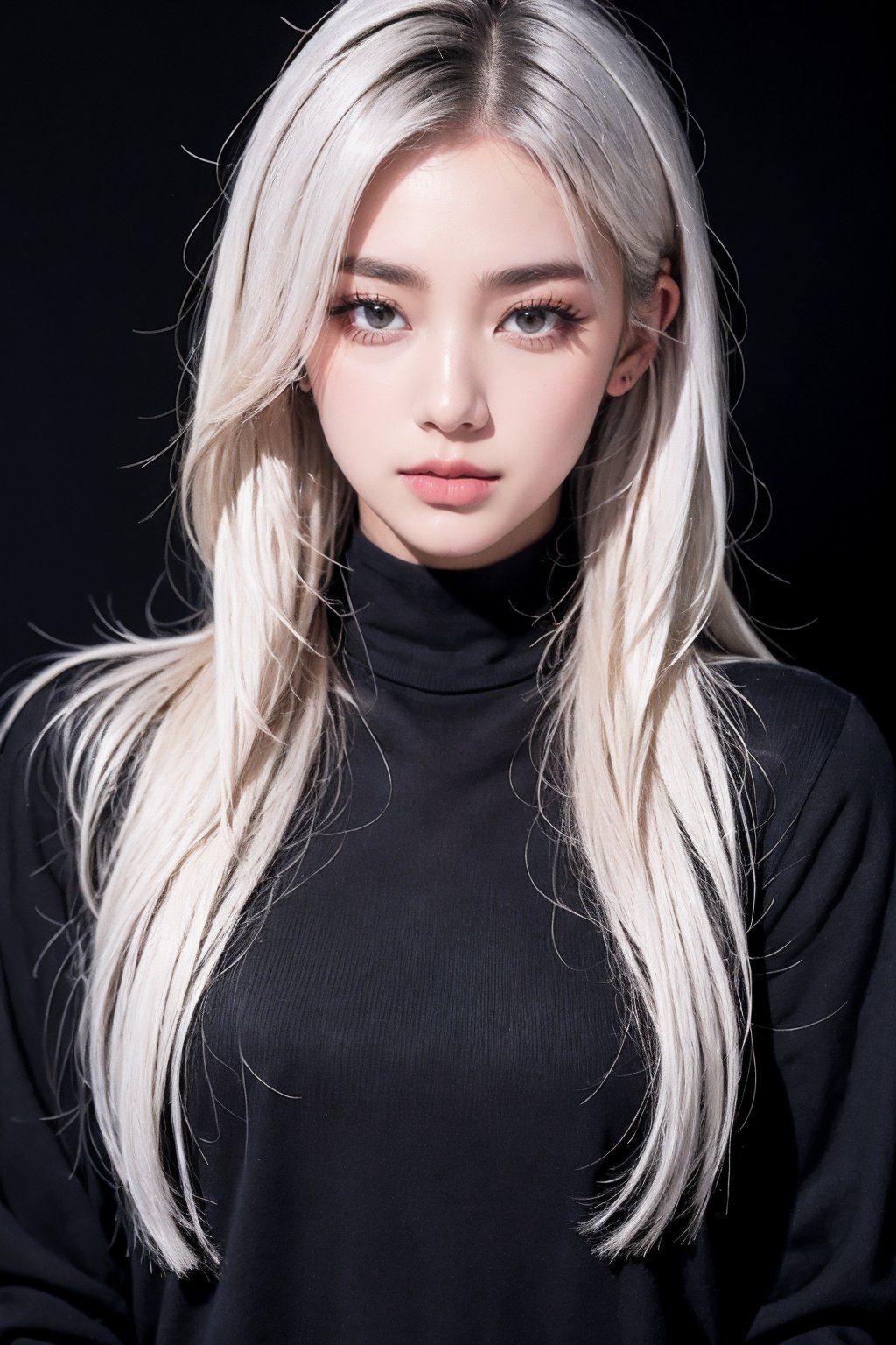 1girl, black background, black eyes, black shirt, black sweater, closed mouth, grey eyes, lips, long hair, long sleeves, looking at viewer, makeup, messy hair, nose, realistic, red lips, shirt, simple background, solo, sweater, turtleneck, turtleneck sweater, upper body, white hair