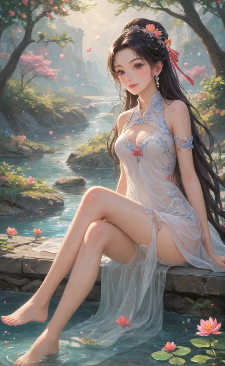 Colorful colors,surrounded by water bubbles,oil paintings painted in anime style,chinese girls,full body,barefoot, masterpiece, best quality,