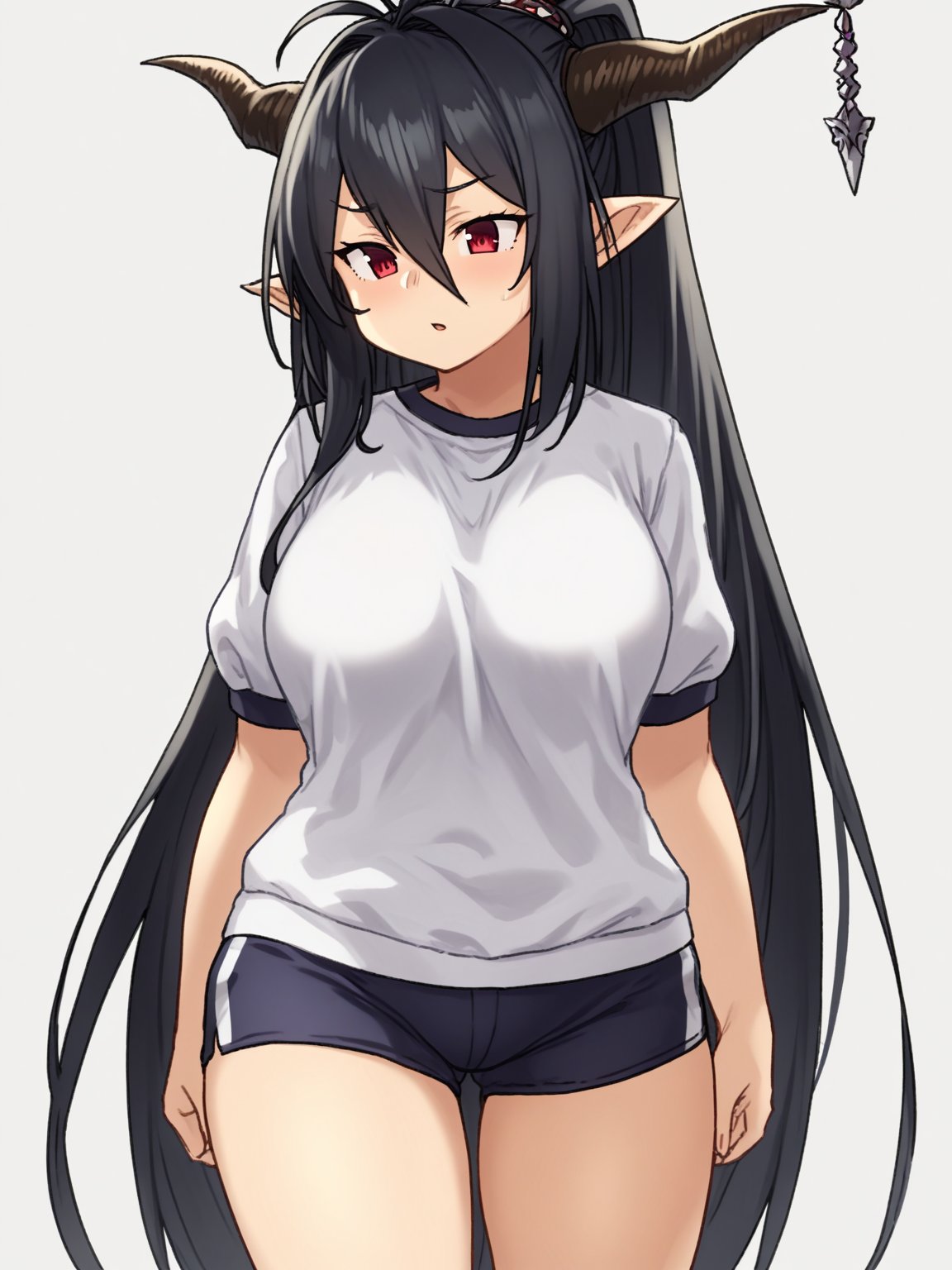 score_9, source_anime,female, danua, shorts, solo, draph, horn, pointy ears, red eyes, long hair, horn ornament, black hair, ponytail, blush, gym uniform, hair between eyes, white background, shirt, simple background, antenna hair, thighs, white shirt, very long hair<lora:hou621 ponyDiffusionV6XL_v6StartWithThisOne__1713024306:1>