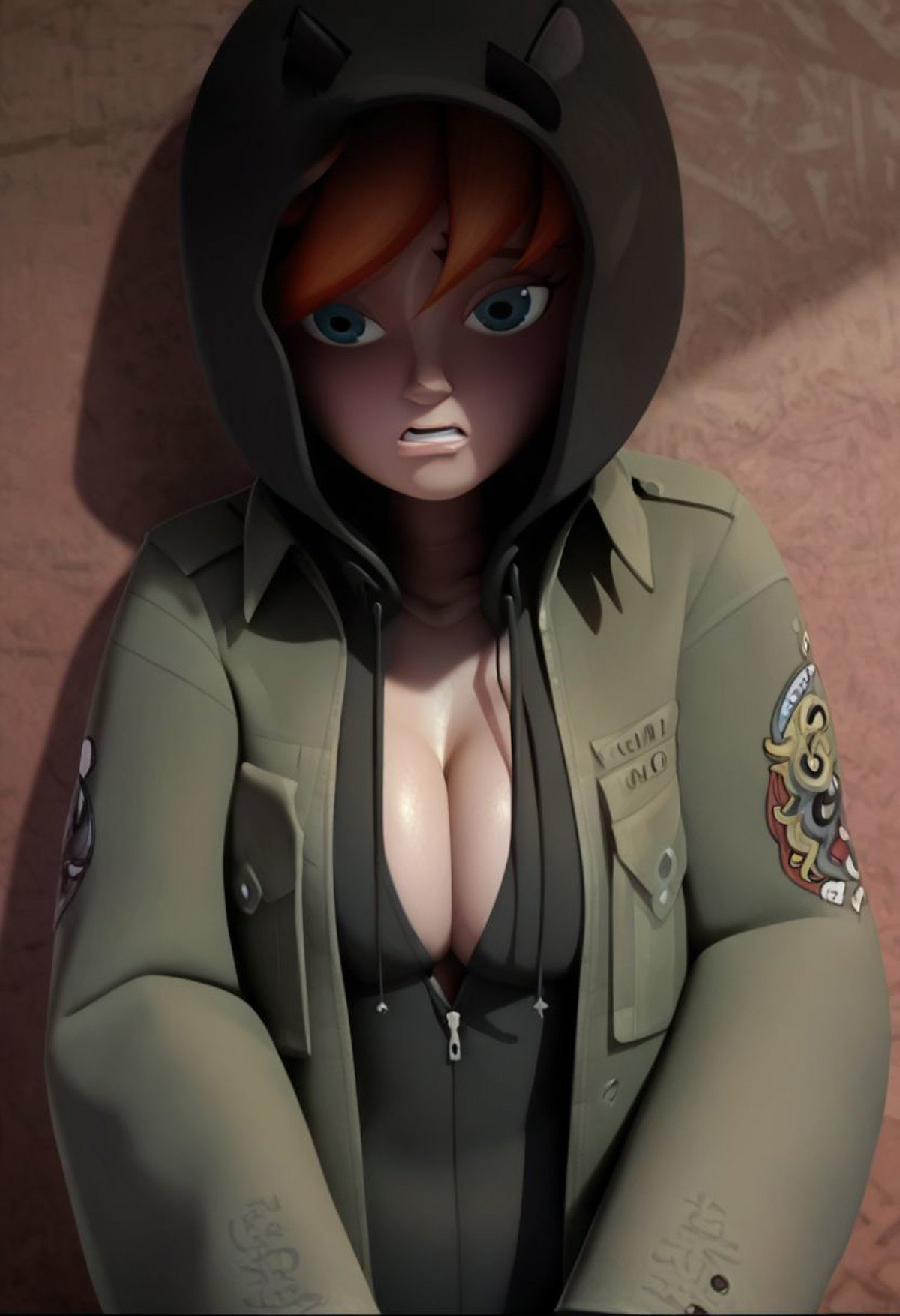 Score_9_up, score_8_up, score_7_up, 1girl, aoneil, red hair, ponytail, military jacket, hoodie, big boobs, cleavage, elbow squeeze, breasts squeezed together