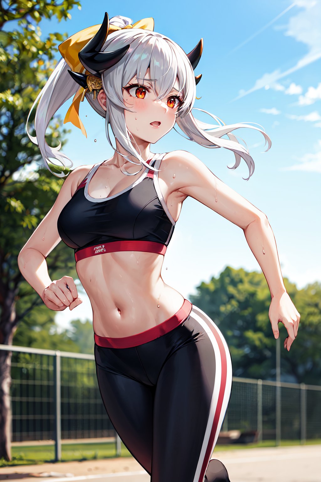 masterpiece, best quality, highres, cckiyo, long hair, white hair, ponytail, black horns, hair bow, hair ornament, yellow bow, red eyes, <lora:kiyohime_(lancer)_v1:0.7>, sports bra, leggings, running, park, sweat, cowboy shot, outdoors,