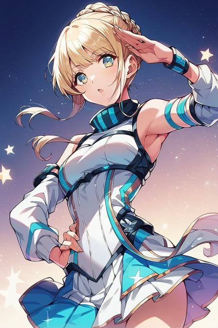 score_9, score_8_up, score_7_up, score_6_up, 1girl,<lora:Fukushima_Noa_r2:0.9> noa, blonde hair, updo, bangs, stage outfit, skirt, salute, armpit, hand on waist, color lights,