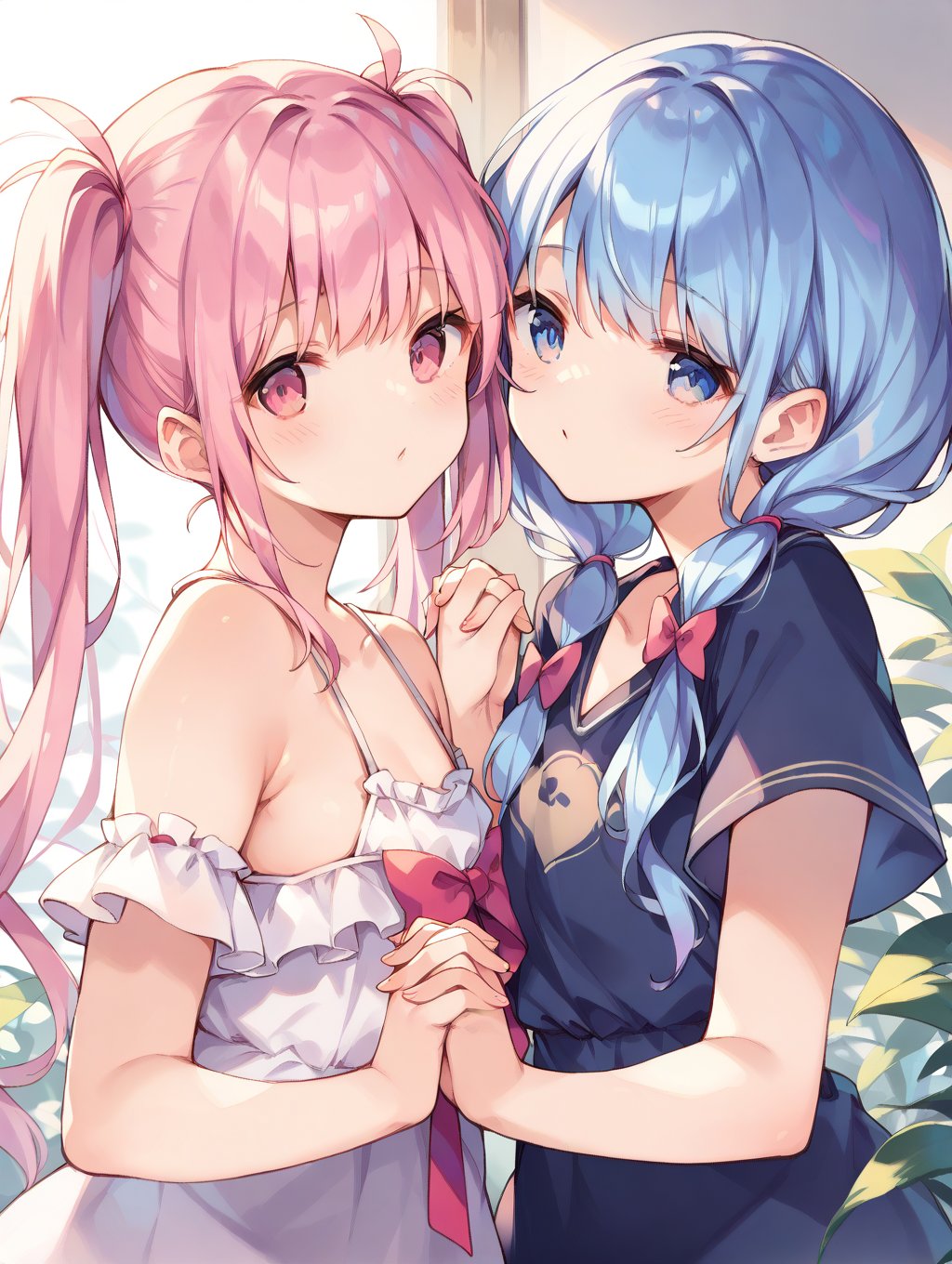 score_9, score_8_up, score_7_up,Two girls, the first one (blue hair, blue eyes, twin tails), the second one (pink hair, pink eyes, twin tails), good friends, holding hands