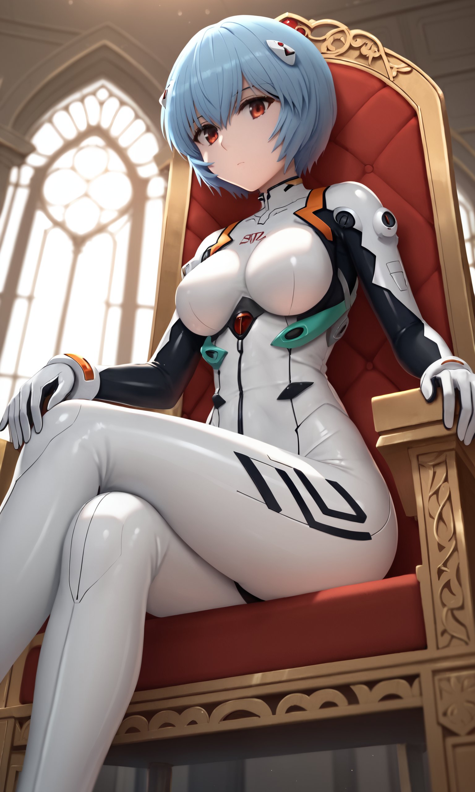 score_9, score_8_up, score_7_up, aesthetic, intricate details, 1girl, solo,  <lora:siraha_style:1> siraha_style,  ayanami rei, blue hair, plugsuit, white plugsuit, sitting, indoors, room, throne, looking at viewer, from below, expressionless, 