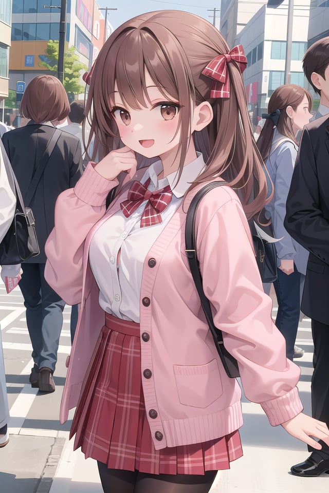 insanely detailed, absurdres, ultra-highres, ultra-detailed, best quality,1girl, solo, nice hands, perfect hands,BREAK(School Uniforms:1.2), (pink cardigan is fit body:1.4), ((do up a buttons, not loose):1.5), ((long sleeve, sleeves past wrists):1.2), (inner wear is white collared-shirt:1.3), (red plaid-pattern bow:1.3), (red plaid-pattern pleated skirt:1.3), ((dark-brown pantyhose, loafers):1.2) ,BREAKhappy smile, laugh, open mouth, standing,from side,cute pose, cowboy shot,BREAKslender, kawaii, perfect symmetrical face, ultra cute girl, ultra cute face, ultra detailed eyes, ultra detailed hair, ultra cute, ultra beautiful,BREAKin harajuku, shibuya, tokyo, street, crowd, cityscape,BREAKmedium large breasts,(brown hair, brown eyes), hime cut