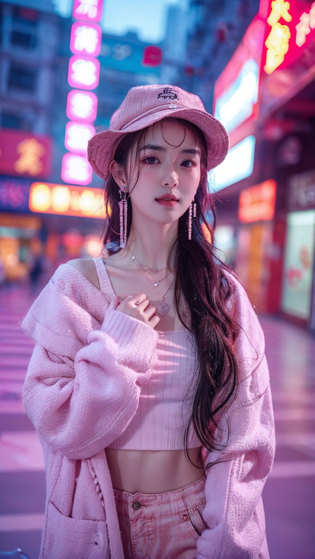 sdmai，fenfen, 1girl, jewelry, necklace, neon lights, solo, hat, navel, earrings, blurry, midriff, outdoors, blurry background, long hair, brown hair, looking at viewer <lora:SDMAI粉粉fenfen:0.7>