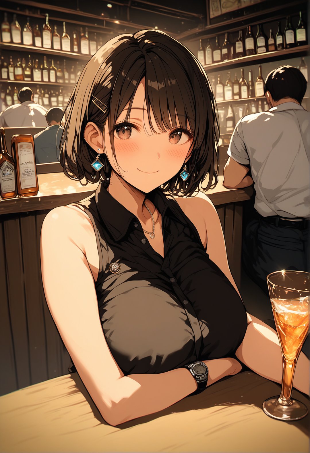 score_9, score_8_up, score_7_up, score_6_up, source_anime, <lora:BLE 0.1v:1>, BLE, 1girl, looking at viewer, blush, smile, short hair, shirt, brown hair, huge breasts, black hair, hair ornament, 1boy, closed mouth, jewelry, bare shoulders, sitting, brown eyes, earrings, sleeveless, collared shirt, solo focus, indoors, hairclip, necklace, bracelet, cup, black shirt, sleeveless shirt, bottle, drinking glass, alcohol, watch, ice, wristwatch, bar (place),