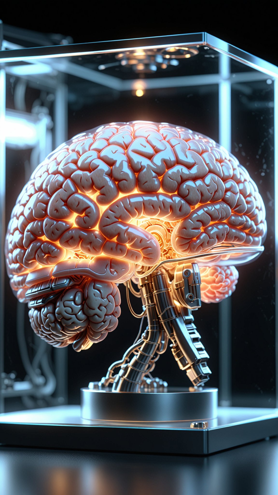 high-resolution photograph of a translucent softly glowing mechanical human brain, visible internal organs, polycarbonate, and glass, very detailed, 8k, sharp, fantasy, movie poster, unreal engine 5