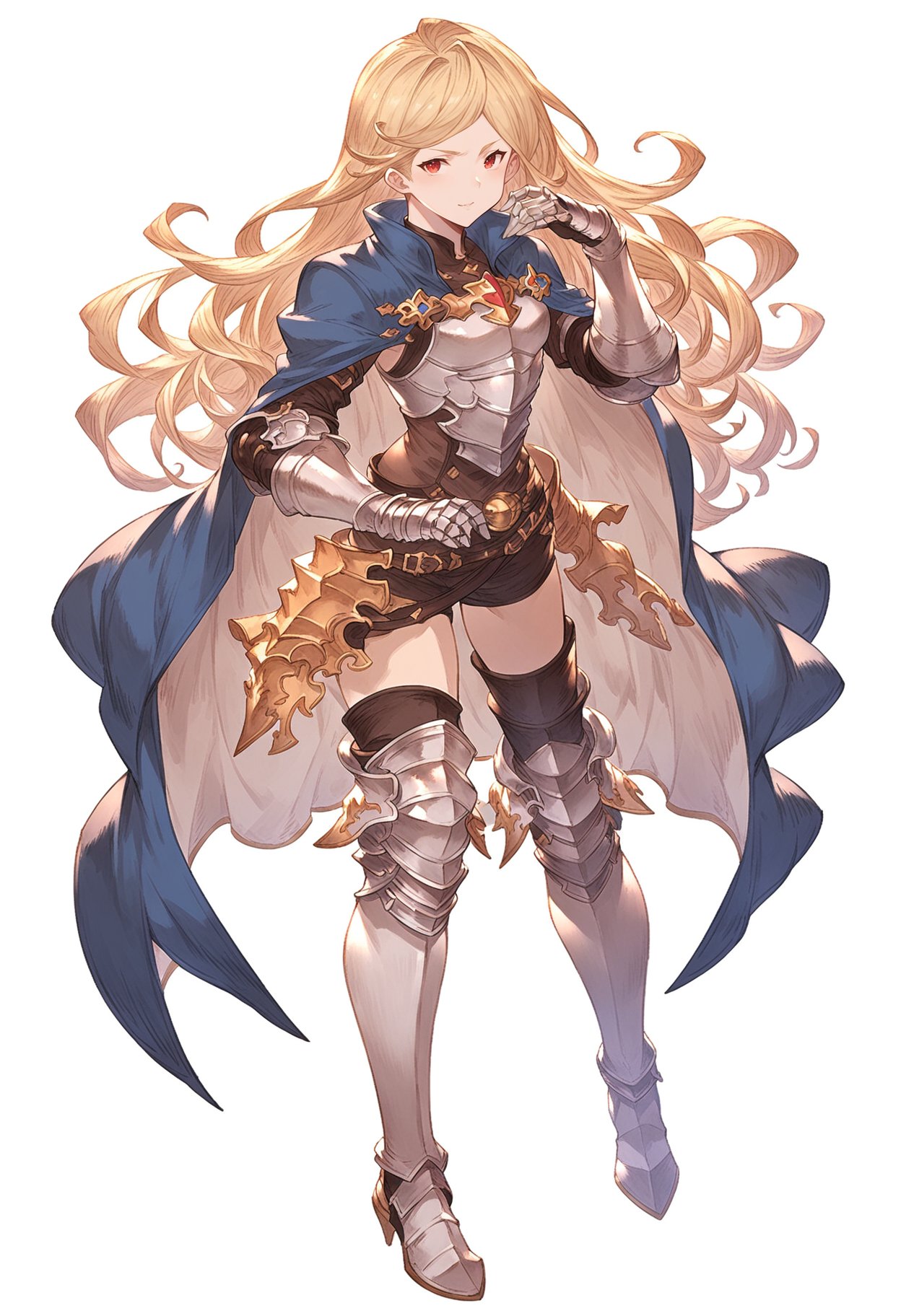 score_9, score_8_up, score_7_up, score_6_up, masterpeice, BREAKsource anime, granblue_fantasy_style_xl, granblue, 1girl, katalina \(granblue fantasy\), red eyes,gauntlets, silver armor, greaves, blonde hair, long hair, blue cape, rapier, hand on sheath, full body<lora:granblue_fantasy_style_pony:1> 