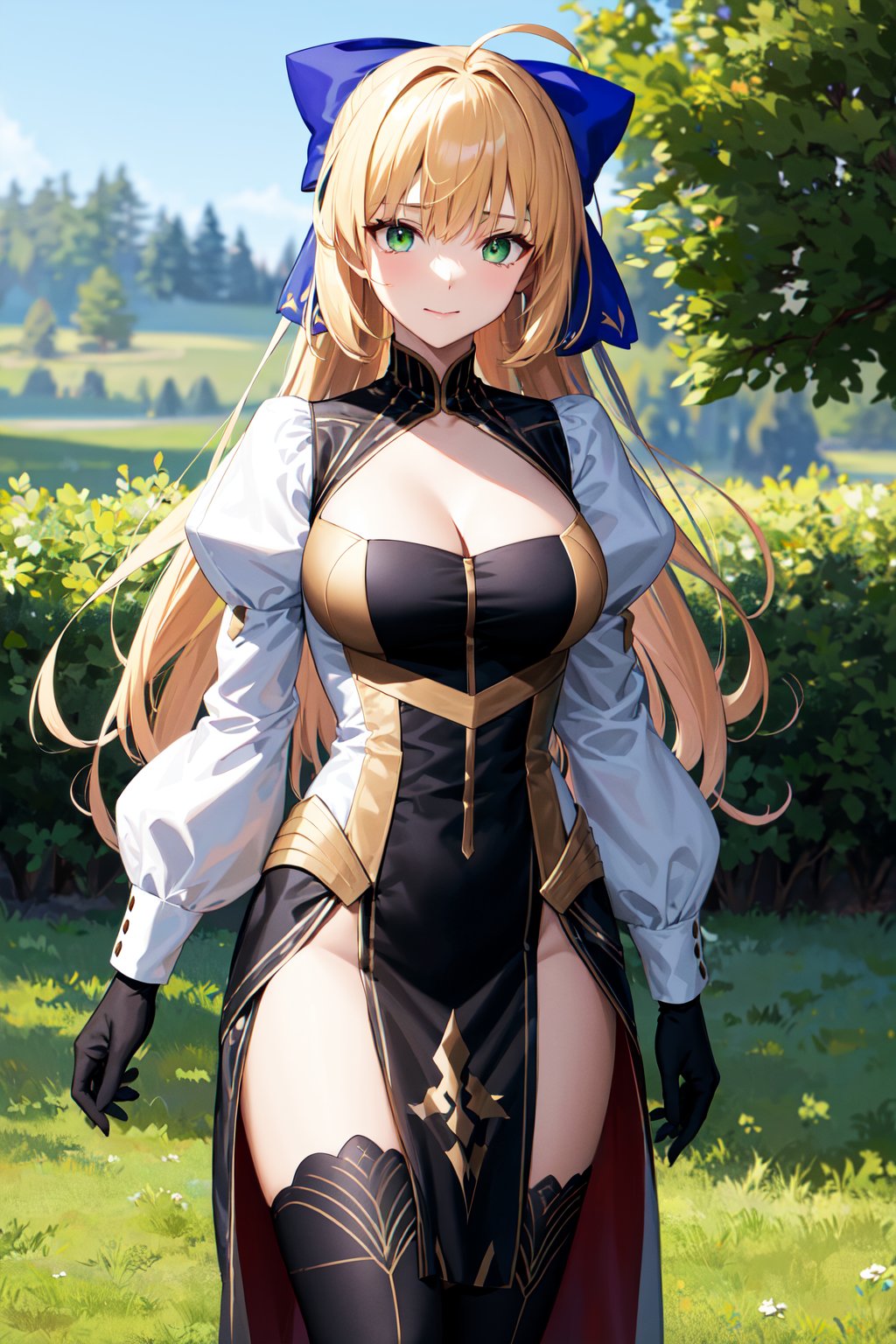 masterpiece, best quality, highres, cccaster, long hair, ahoge, hair bow, green eyes, cleavage, dress, puffy sleeves, long sleeves, black gloves, pelvic curtain, black thighhighs, <lora:artoria_caster_(caster)_v1:0.7>, standing, cowboy shot, outdoors