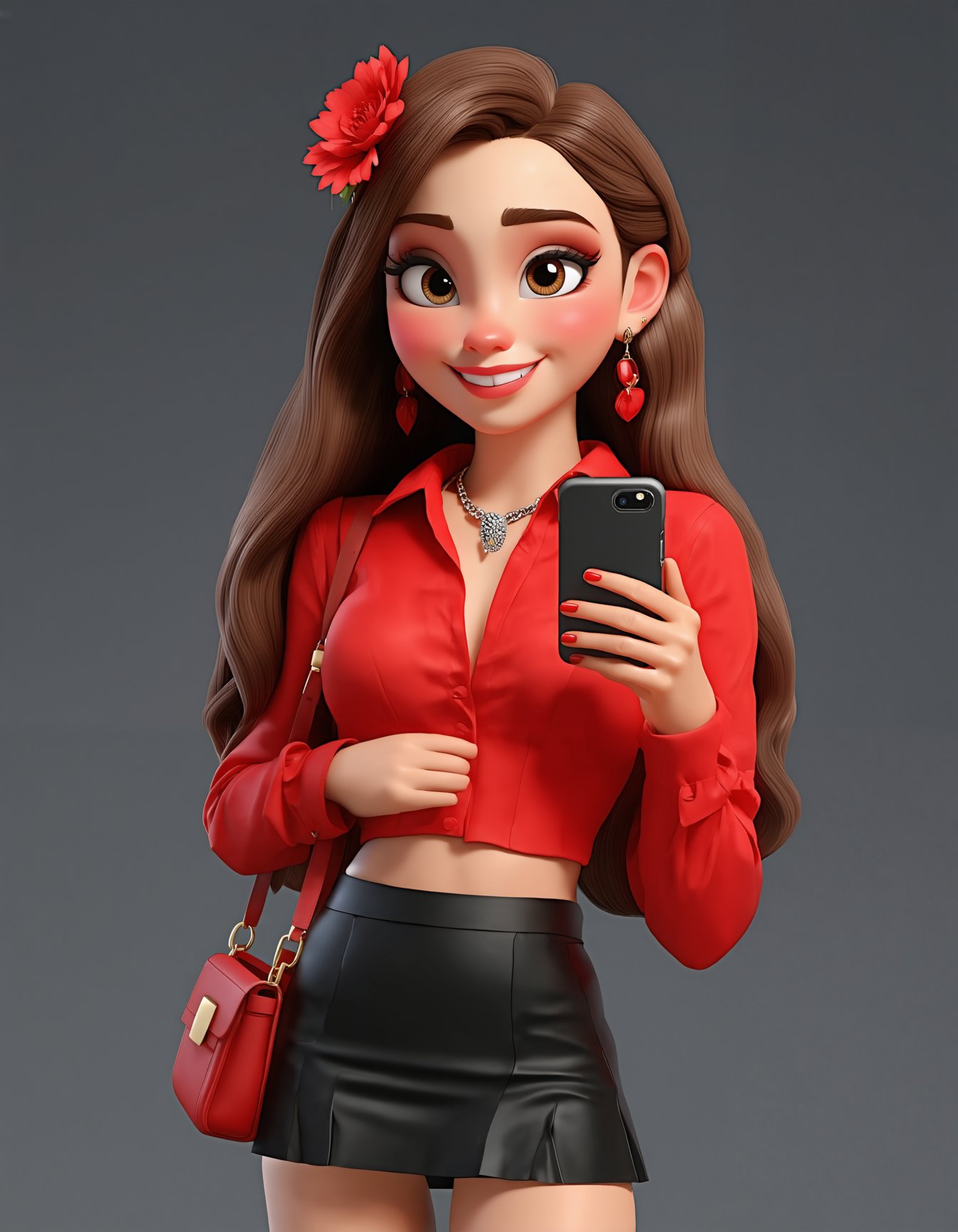 3D cartoon, cartoon style, 3D render, 1girl, long hair, looking at viewer, smile, shirt, skirt, brown hair, long sleeves, hair ornament, holding, jewelry, very long hair, brown eyes, flower, cowboy shot, earrings, midriff, black skirt, miniskirt, necklace, bag, blurry, crop top, eyelashes, blurry background, makeup, phone, cellphone, red shirt, smartphone, holding phone, SD3_cartoon_ep10.safetensors