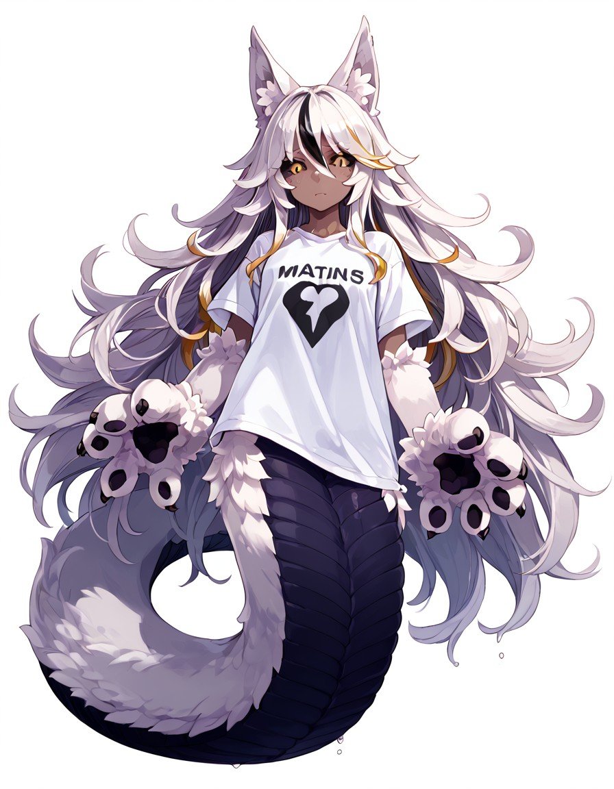 (score_9, score_8_up, score_7_up), best quality, expressive yellow eyes, perfect face, (masterpiece), MGE, MGE artstyle, (bunyip), animal limbs, (full animal arms), furry tail topside, scuted tail underside, animal ears, lamia, (fluffy), plain oversized t-shirt, wet clothing, nervous expression, looking at viewer, dark skin, freckles, (black sclera), white hair, white fur, gold highlights, black scutes, (long fluffy hair), clear tail positions, ear fluff, full body shot, unnatural skin color, black skin, <lora:80e49870-1c5b-410a-8ce3-46088809dc5f:0.9>