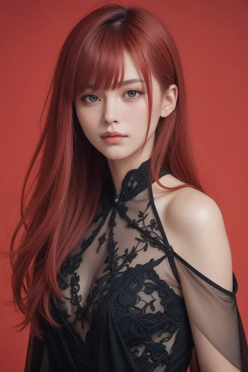 score_9, score_8_up, score_7_up, 1girl,25 years old, long hair with bangs, red hair, black sheer dress, red background, portrait,